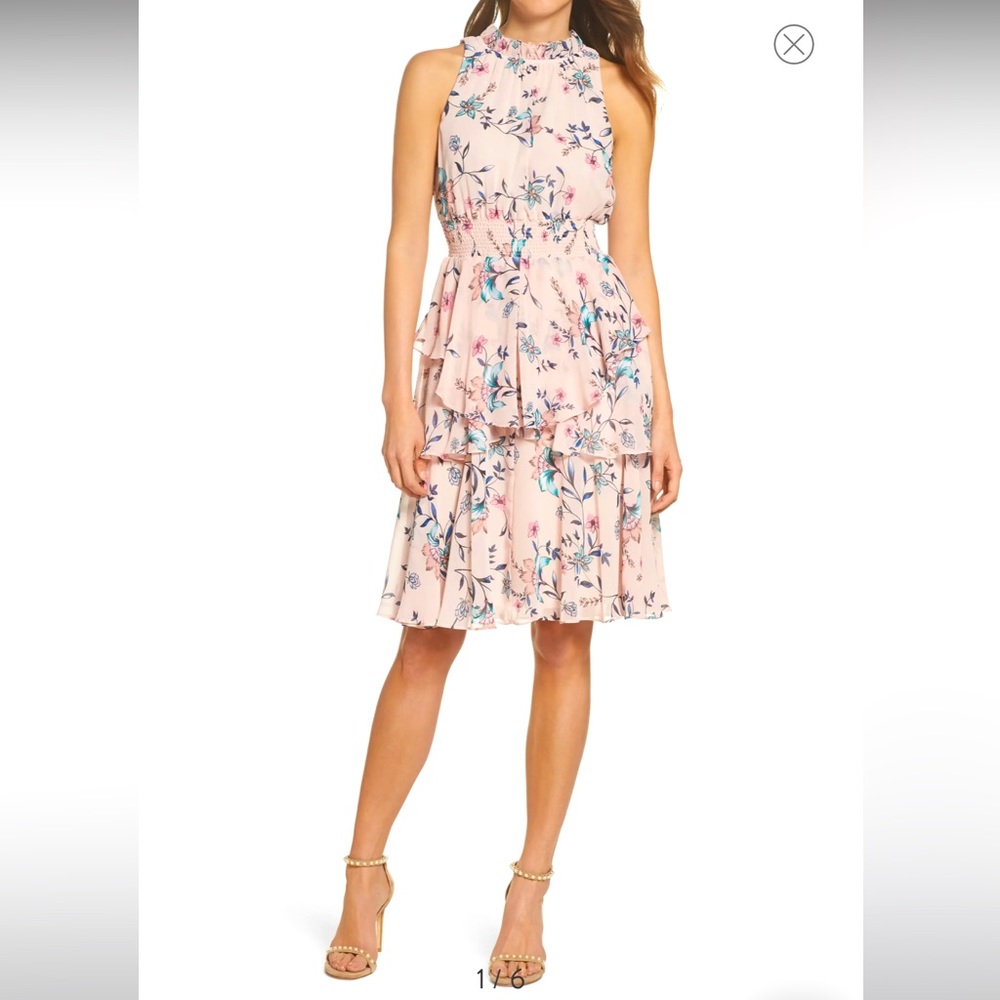 Eliza J Floral A line dress 12 pink spring party ruffle cascade